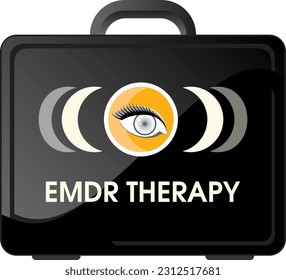 Eye Movement Desensitization Reprocessing (EMDR) therapy toolkit in a black suitcase. A psychotherapy treatment for people who had traumatic experiences.