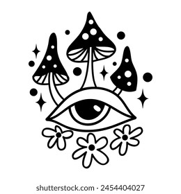 Eye mushroom boho. Lineart Vector illustration. Flower moon , Magic celestial witchcraft symbol. Masonic symbol. Hand drawn logo or emblem