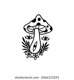 Eye mushroom boho. Lineart Vector illustration. Flower moon , Magic celestial witchcraft symbol. Masonic symbol. Hand drawn logo or emblem