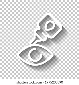 Eye or nasal drops, dropper, medical icon. White linear icon with editable stroke and shadow on transparent background
