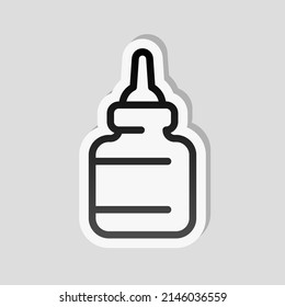 Eye or nasal drops, dropper, medical icon. Linear sticker, white border and simple shadow on gray background