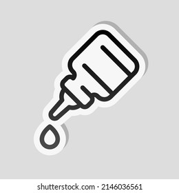 Eye or nasal drops, dropper, medical icon. Linear sticker, white border and simple shadow on gray background