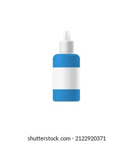 Eye or nasal drops plastic bottle template with blank white label for placement medication data, realistic vector illustration isolated on white background.