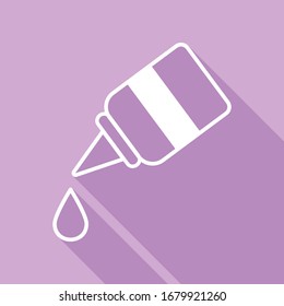 Eye, nasal medical drops sign. White Icon with long shadow at purple background. Illustration.