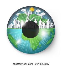 El concepto de ojo de la naturaleza, la Tierra en medio de la naturaleza verde forma de ojo sobre un fondo blanco. Ilustración vectorial.