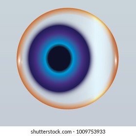 Eye with neon blue iris and black pupil. Human health illustration. Closeup human eye drawing. Eyeball on bright background. 