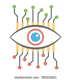 An eye with network symbolising cyber eye, flat vector icon design
