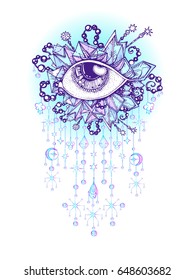 Eye on the background of crystal pendants. Vector hipster illustration isolated. Ethnic design, Boho chic, tribal symbol. Tattoo, printing, fashion style, diamond, beauty. Poster or card. Decoration

