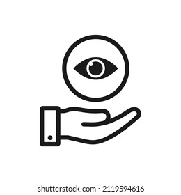 eye on hand. Show, view, optical icon line style isolated. Vector illustration