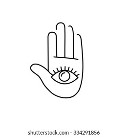 Eye in open hand palm black linear icon on white background | flat design alternative healing illustration and infographic
