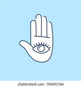 Eye in open hand palm white linear icon on blue background | flat design alternative healing illustration and infographic