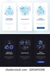 Eye operation pros white, black onboarding mobile app page screen. Walkthrough 3 steps graphic instructions with concepts. UI, UX, GUI vector template with linear night and day mode illustrations
