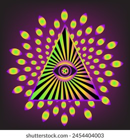 Eye optical illusion psychedelic. Lineart Vector illustration. Magic celestial witchcraft symbol. Masonic symbol. Hand drawn logo or emblem