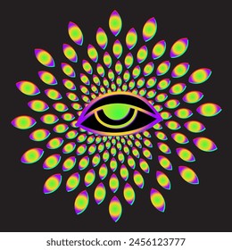 Ilusión óptica ocular psicodélica. Ilustración vectorial lineal. Símbolo de brujería celestial mágica. Símbolo masónico. Logo o emblema dibujado a mano