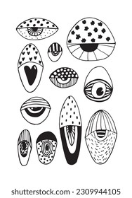 eye outline icons. abstract eyes. Open and closed eyes images, sleeping eye shapes with eyelash. Clip Art. Vector illustration.