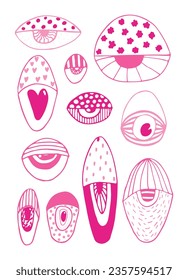 eye outline icons. abstract eyes. Open and closed eyes images, sleeping eye shapes with eyelash. Clip Art. Vector illustration.