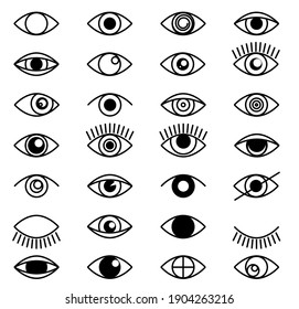 Eye outline set icons. Close and open eyes shapes with lashes. Line optical vision signs in line style. Collection black shapes supervision and searching eyeball vector illustration 
