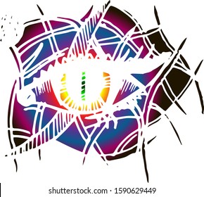 The eye is painted in bright, different colors in the style of art. Gradient tattoo for salons. Abstract eye of black, blue, violet color on a white background. Drawn by hand.