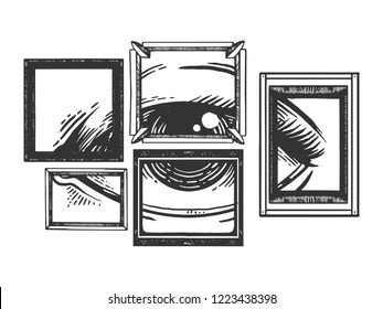 Eye in painting frames engraving vector illustration. Scratch board style imitation. Black and white hand drawn image.