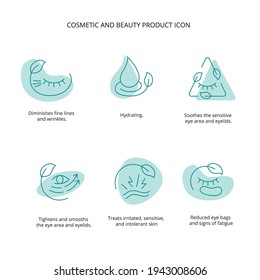 Eye patch, cream, mask cosmetic and beauty product icon set for web, packaging design. Vector stock illustration isolated on white background.