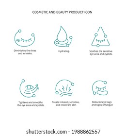 Eye patch, cream, mask cosmetic and beauty product icon set for web, packaging design. Vector stock illustration isolated on white background.