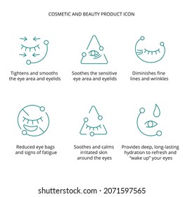 Eye patch, cream, mask cosmetic and beauty product icon set for web, packaging design. Vector stock illustration isolated on white background.