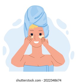 Eye Patch Using Girl For Beauty Procedure Vector. Young Woman Facial Skin Care With Eye Patch, Beauty Accessory. Character Lady Anti-aging Rejuvenation Mask Flat Cartoon Illustration