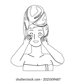 Eye Patch Using Girl For Beauty Procedure Black Line Pencil Drawing Vector. Young Woman Facial Skin Care With Eye Patch, Beauty Accessory. Character Lady Anti-aging Rejuvenation Mask Illustration
