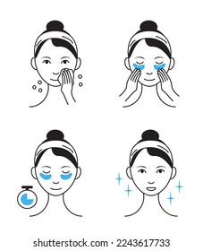 Eye patches applying icon vector set. Face skincare under eye, treatment, spa procedure, lifting. Girl shows how to cleaning, use cosmetic eyes patches. Info-graphic in outline style.