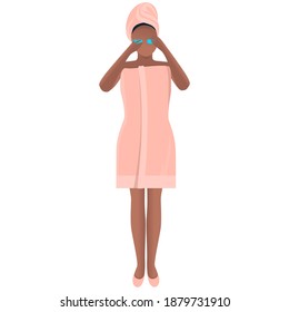 Eye patches. Daily care. Moisturizing treatment for the skin around the eyes. Girl in full growth after a shower in a towel. Flat illustration. Lifestyle, health, skin and body care concept