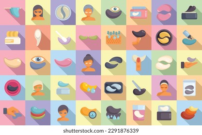 Los iconos de parches oculares establecen el vector plano. Producto de crema. Edad de la máscara