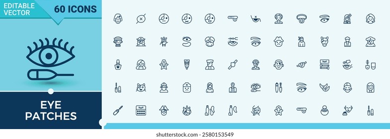 Eye Patches icons set in linear style. Contains such icons as cream, age, golden, sachet, sheet, hydrogel, product and more. Minimalistic icon. Editable vector outline and solid icons.