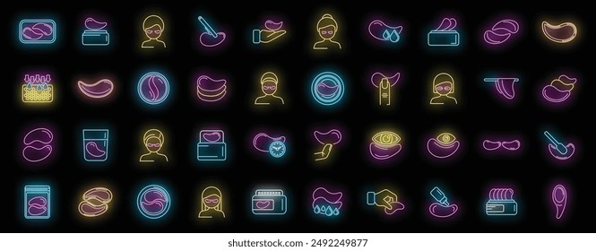 Eye patches icons set outline vector. Cream product. Mask age neon color on black