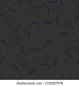 Eye pattern with blue and orange eyelashes and snail element. Pattern on a gray dark background. For textiles