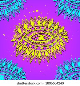 Eye pattern. Ornamental vector illustration.  Hand drawn mystical sketch design. Blue and yellow line. Hippie doodle style