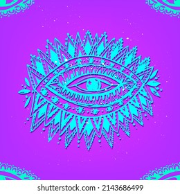 Eye pattern. Ornamental vector illustration.  Hand drawn mystical sketch design. Blue and yellow line. Hippie doodle style