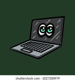 Eye peeking from a laptop. Technology product vector illustration