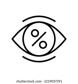 Eye with percent in it line icon. Transparent, no hidden fees, time to pay taxes, discount, low price, cheap, expencive, order, buy, payment, purchase. Financial management concept