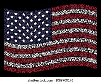 Eye pictograms are arranged into waving United States flag mosaic on a dark background. Vector concept of USA state flag is combined with eye items. Designed for political and patriotic purposes.