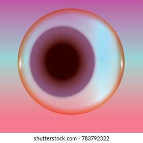 Eye with pink iris and red pupil. Human health illustration. Closeup human eye drawing. Eyeball on pink background. 