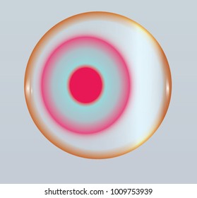 Eye with pink and teal iris and pink pupil. Human health illustration. Closeup human eye drawing. Eyeball on bright violet background. 