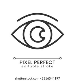 Eye pixel perfect linear icon. Process monitoring and supervision. Spying malware. Thin line illustration. Contour symbol. Vector outline drawing. Editable stroke. Poppins font used