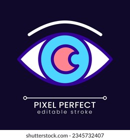 Eye pixel perfect RGB color icon for dark theme. Process monitoring and supervision. Vision on business. Simple filled line drawing on night mode background. Editable stroke. Poppins font used