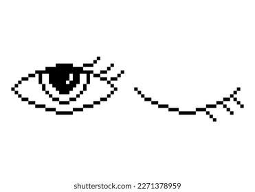 Eye pixelated icon isolated on white background. Open and closed human eye symbol for website design, mobile app, logo, medical emblem, eye clinic, pharmaceutical industry. Vector illustration. Set.