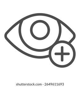 Icono del ojo y de la línea del plus, concepto del tratamiento de la visión. Gráficos de Vector. Hiperopía, signo de oftalmología sobre fondo blanco, icono de estilo de contorno para móvil o Diseño web