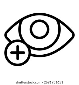 Icono del ojo y de la línea del plus, concepto del tratamiento de la visión. Gráficos de Vector. Hiperopía, signo de oftalmología sobre fondo blanco, icono de estilo de contorno para móvil o Diseño web