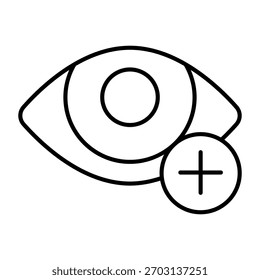Eye and plus thin line icon, vision treatment concept. Vector graphics. Hyperopia, ophthalmology sign on white background, outline style icon for mobile or web design