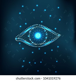Eye with polygon, line, connecting dots on green sky. Polygonal low poly design with triangles. Science background. Artificial Intelligence. Digital vision. Abstract human eye sign. Wireframe concept