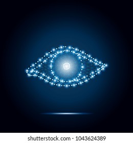 Eye with polygon, line, connecting dots on blue sky. Polygonal low poly design with triangles. Science background. Artificial Intelligence. Digital vision. Abstract human eye sign. Wireframe concept