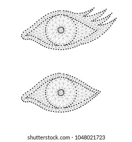 Eye with polygon, line, connecting dots on white. Polygonal low poly design with triangles. Science background. Artificial Intelligence. Digital vision. Abstract human eye sign. Wireframe concept.